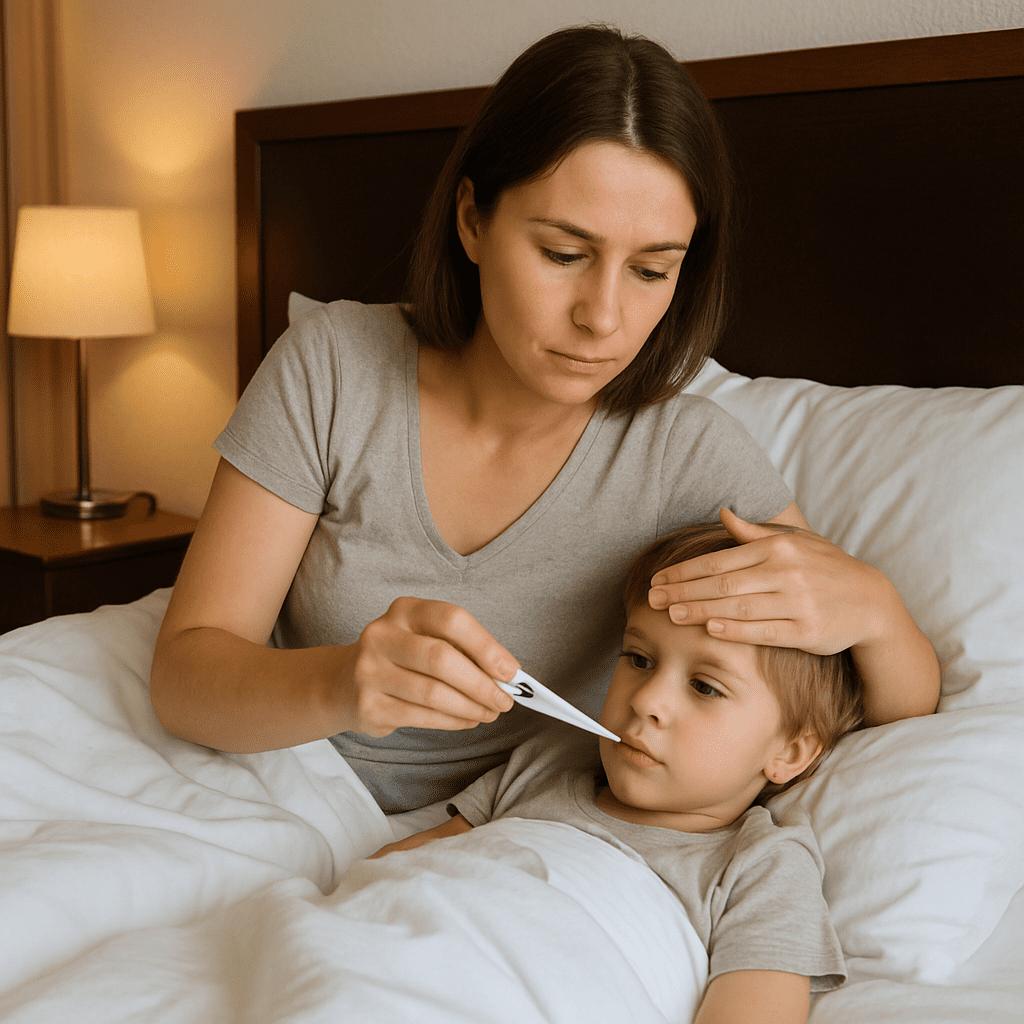 Mutter misst bei ihrem Kind Fieber mit einem digitalen Thermometer im Hotelbett