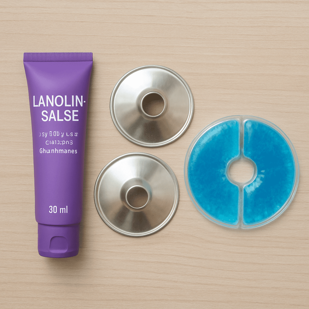 Comparison on a table: A tube of lanolin ointment, silver nursing pads, and cooling gel pads