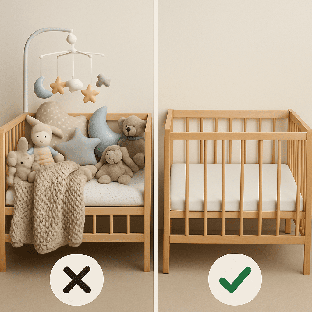 Comparison image: An unsafe, cluttered crib next to a safe, empty crib