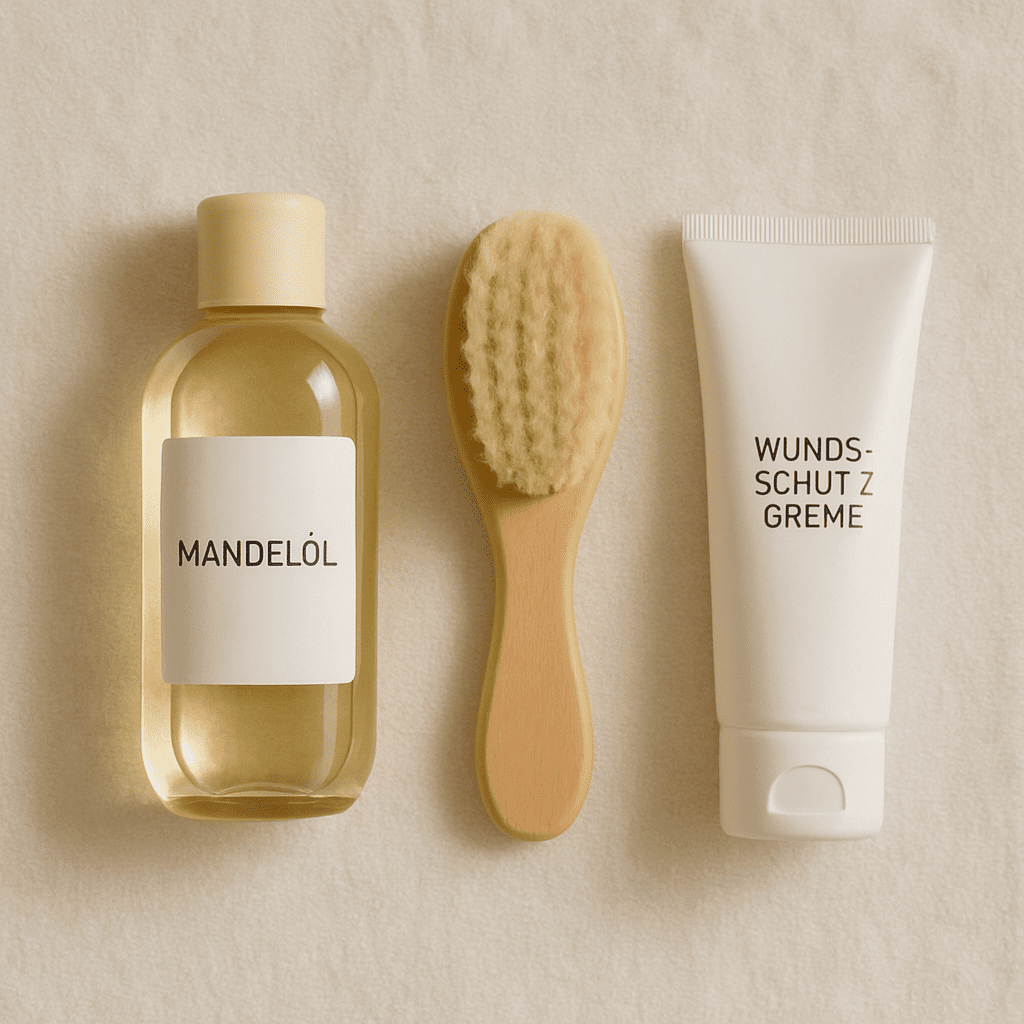 Eine minimalistische Auswahl an Babypflege-Produkten: Mandelöl, Holzbürste und Wundschutzcreme auf einem hellen Handtuch