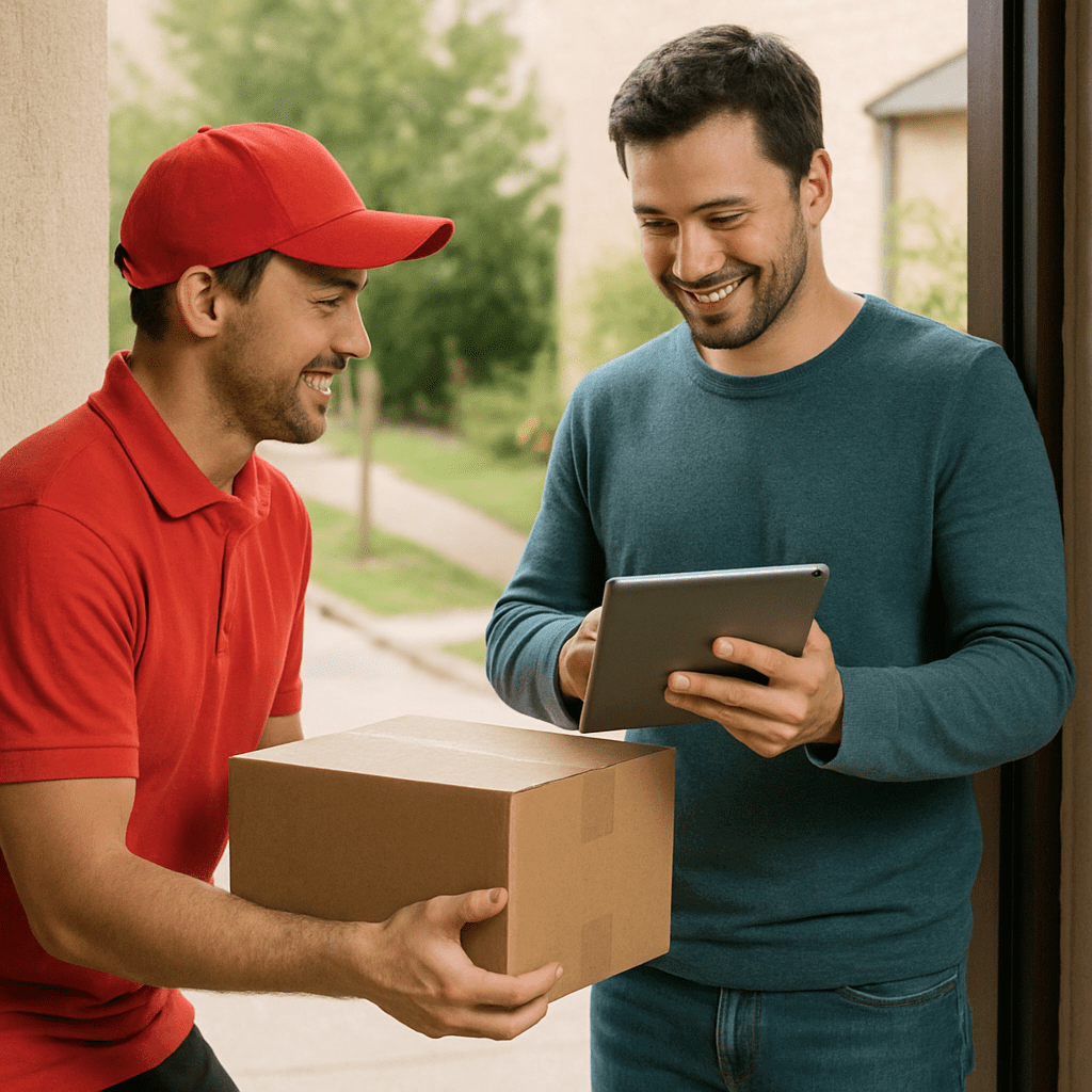 A person receiving a delivery at their doorstep, showing the intersection of technology and human service.