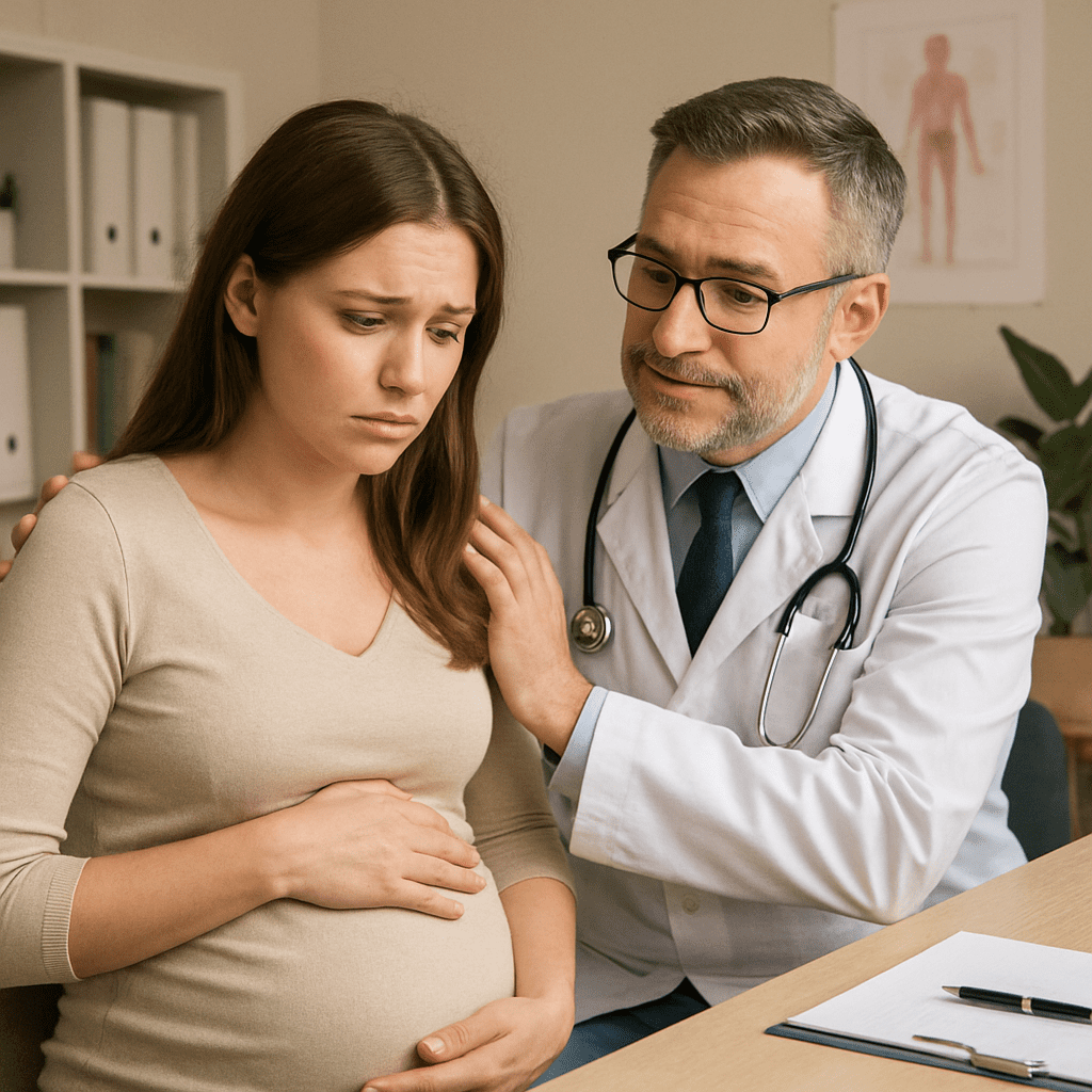 Ein empathischer Arzt beruhigt eine schwangere Patientin in seiner Praxis