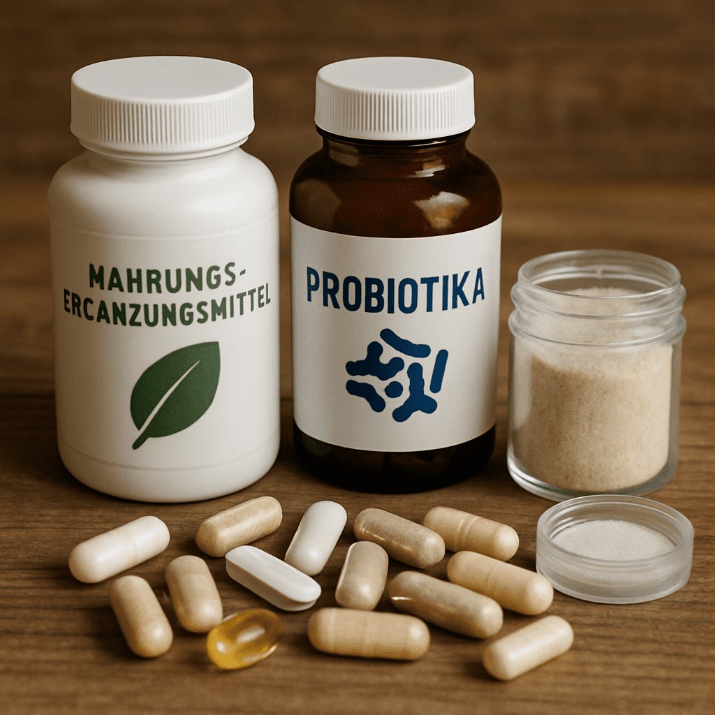 Dietary supplements and probiotics on a wooden table