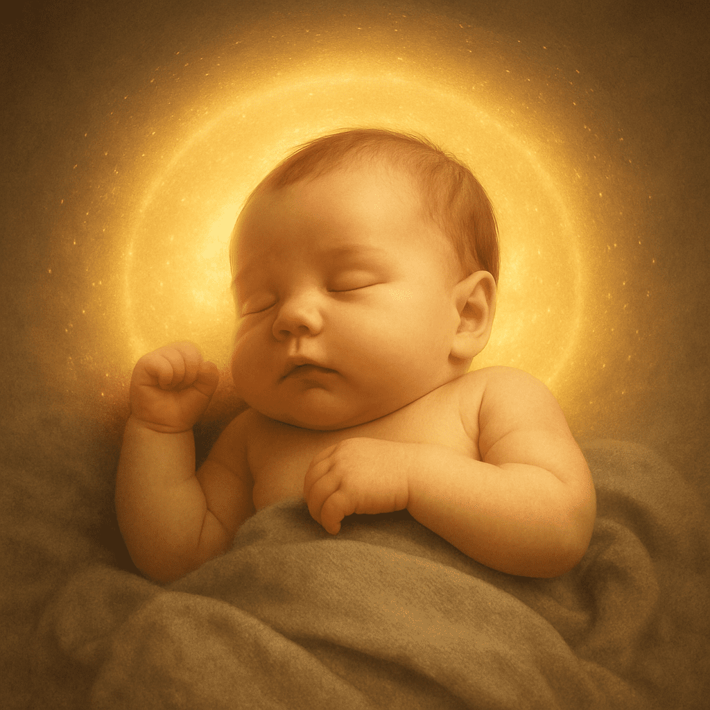 A peacefully sleeping baby, bathed in a soft light, symbolizing a bright future