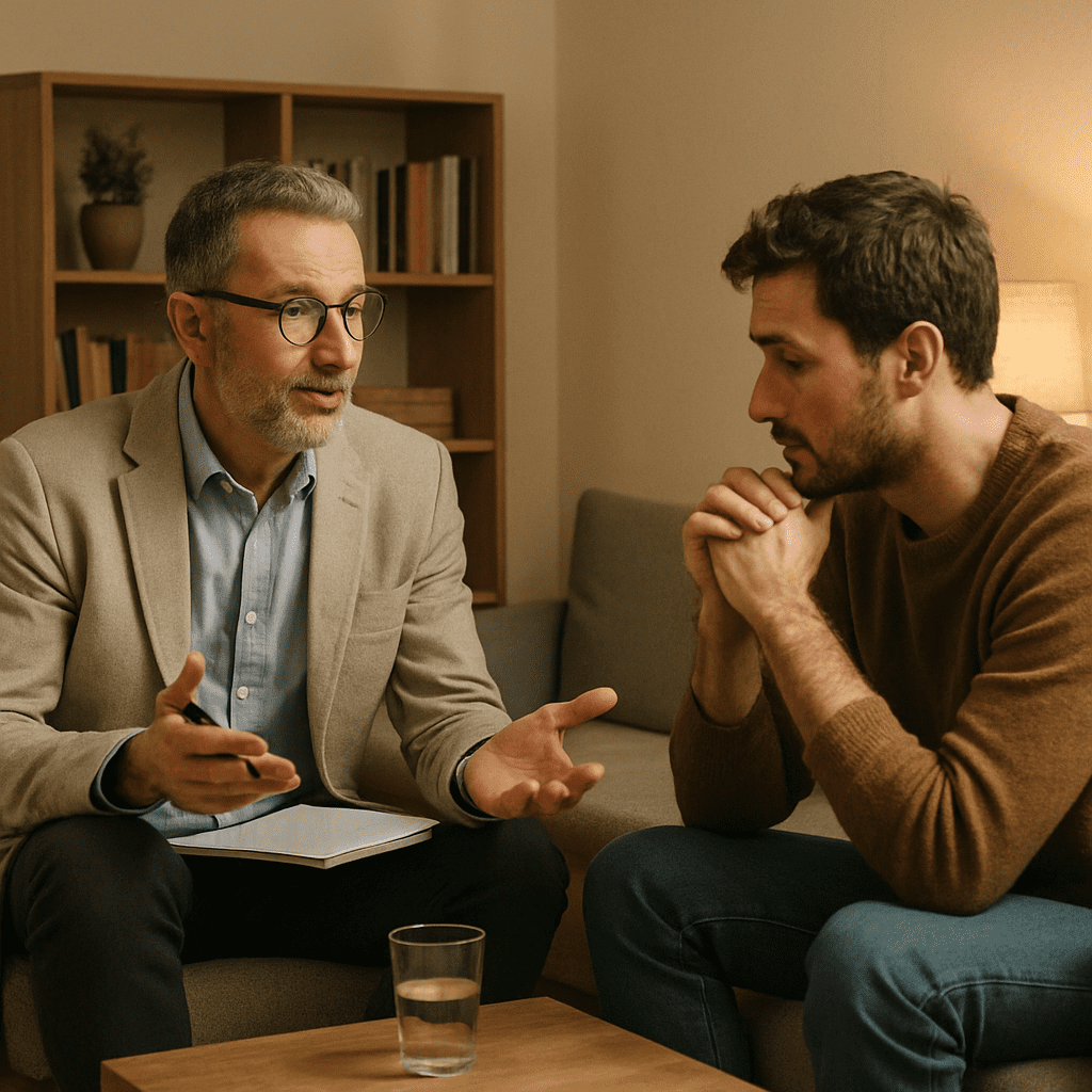 A therapist and a client in an empathetic conversation in a cozy practice