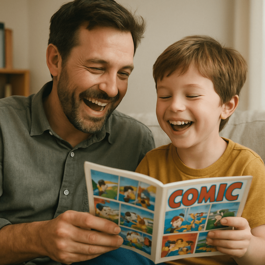 A father and son are reading a comic together, laughing.