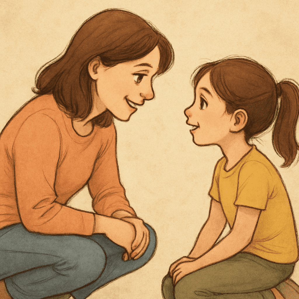 Mutter und Kind im Gespräch auf Augenhöhe, was gesunde Kooperation symbolisiert