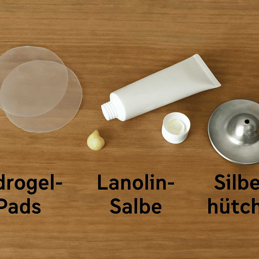 Comparison of hydrogel pads, lanolin ointment, and silver nursing cups on a wooden table