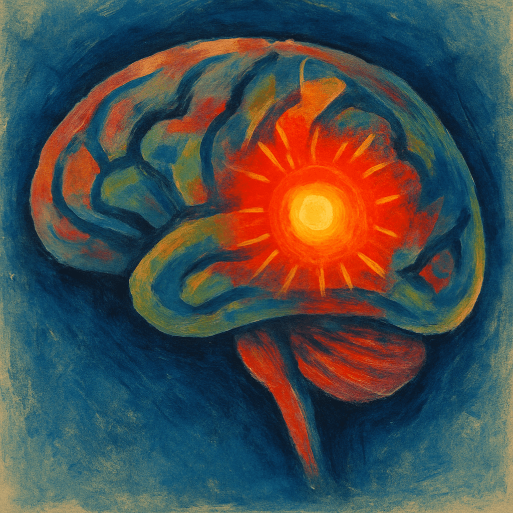 Abstract illustration of a human brain with the amygdala highlighted as a glowing alarm center