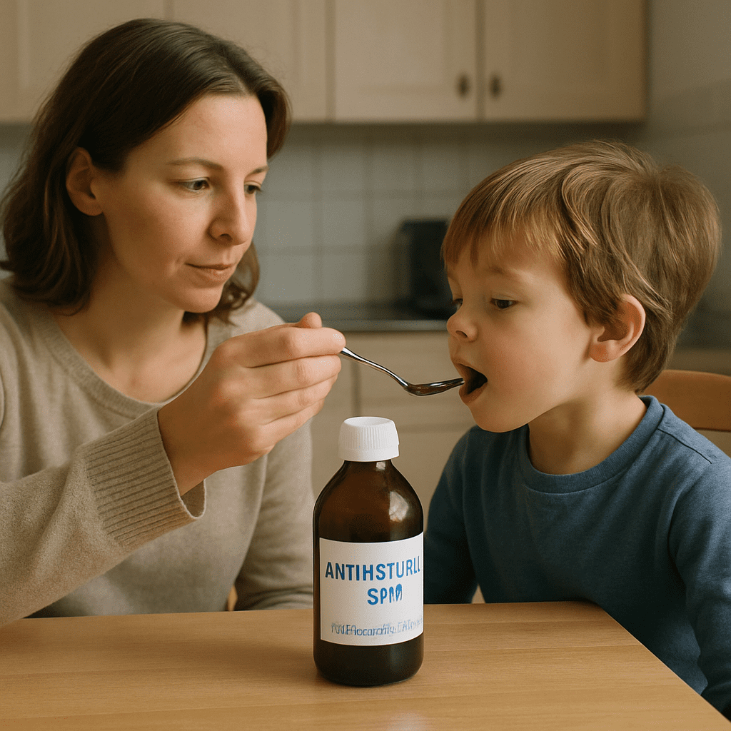 Mutter gibt ihrem Kind morgens am Küchentisch einen Löffel mit Antihistaminika-Saft