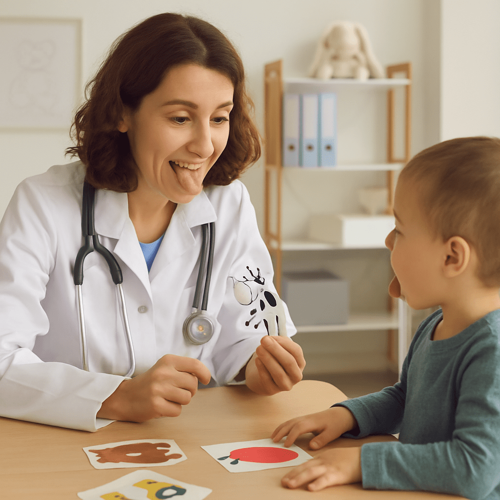 A pediatrician conducts a playful speech test with a two-year-old boy during a well-child check-up.