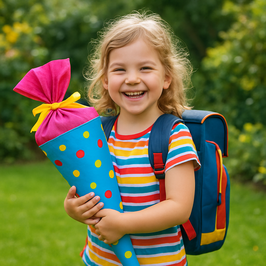Happy schoolchild with colorful school cone and backpack in the garden