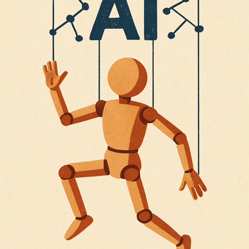 A stylized illustration of a puppet on digital strings to symbolize how AI content is constructed by algorithms rather than being a direct capture of reality.
