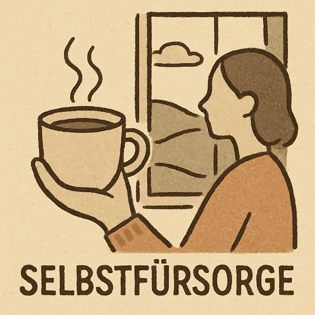 Ein Symbol für Selbstfürsorge, wie eine dampfende Tasse Tee oder ein ruhiger Moment am Fenster, um Eltern an ihre eigene Kraft zu erinnern.