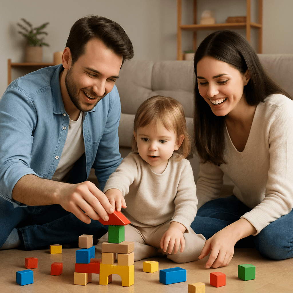 Eltern und Kleinkind spielen harmonisch zusammen mit Bausteinen