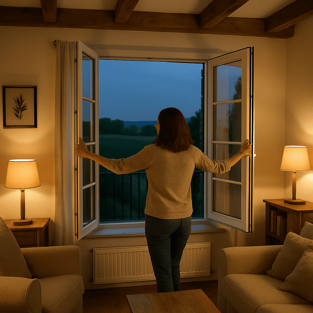 Frau öffnet am Abend ein großes Fenster in einem modern eingerichteten Landhaus
