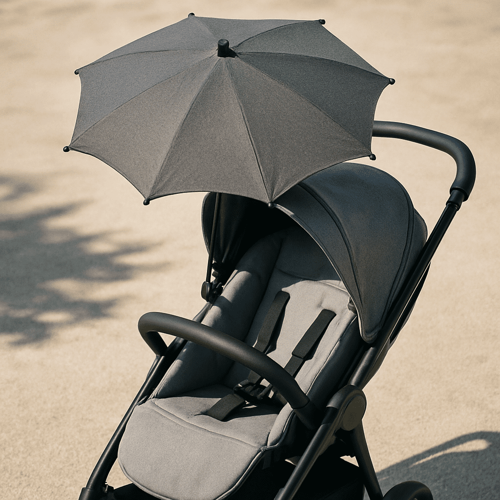Close-up of a modern stroller with a sunshade casting a shadow