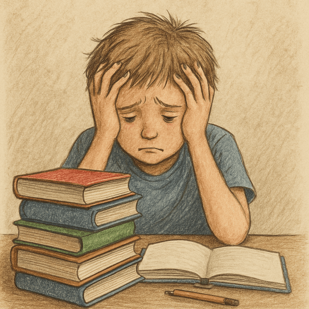 Ein Kind, das traurig und gestresst vor einem Haufen Schulbücher sitzt