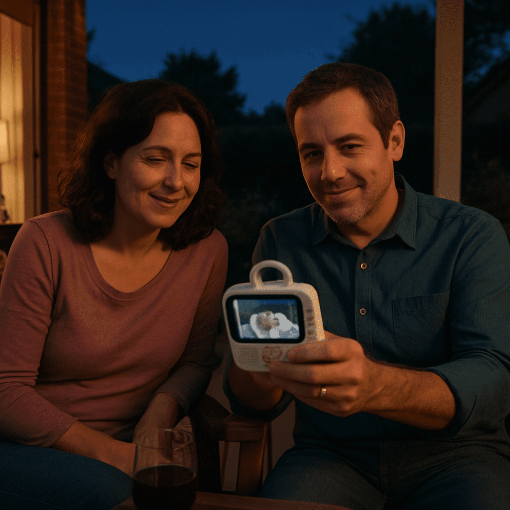 Parents sit relaxed on the terrace in the evening and look at the baby monitor's parent unit