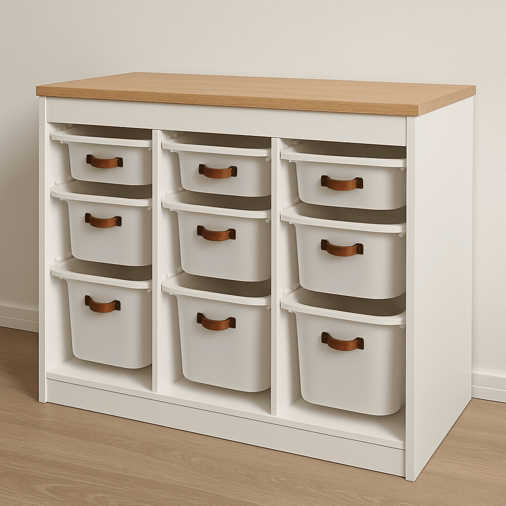 Ein modifiziertes IKEA Trofast-Regal mit einer Holzplatte und Ledergriffen.