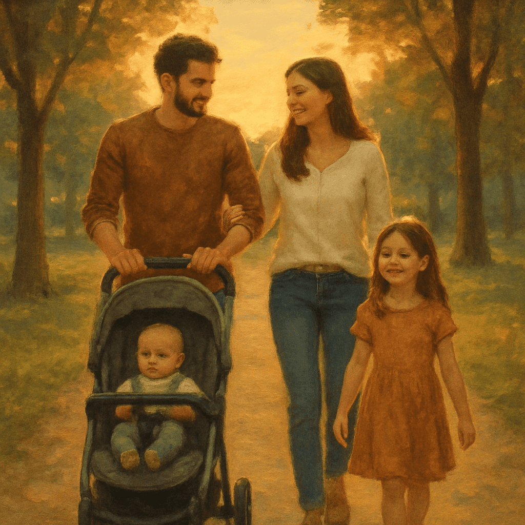 Family strolls through the park in the early evening with a stroller