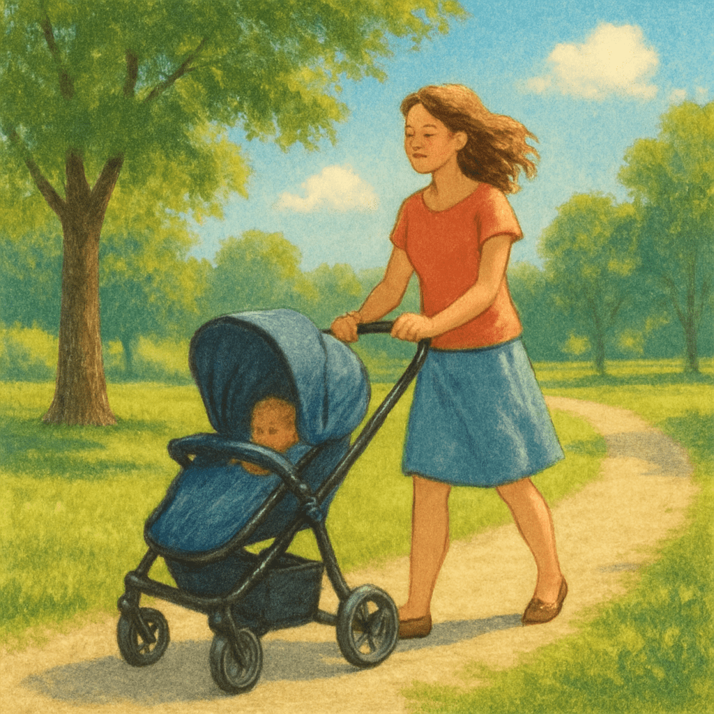 Mother pushing a stroller on a sunny summer day in the park