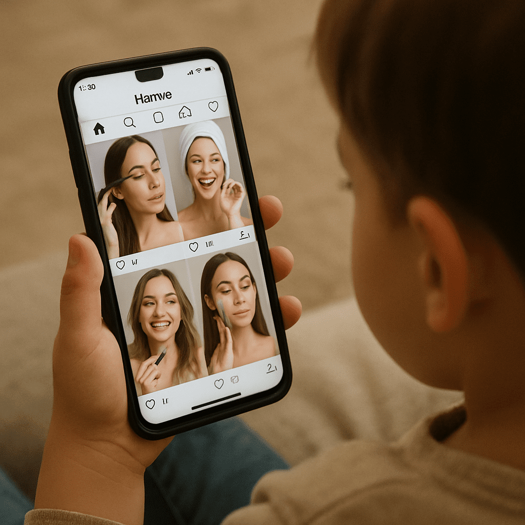 A smartphone displays a social media feed featuring beauty influencers; a child is looking at it