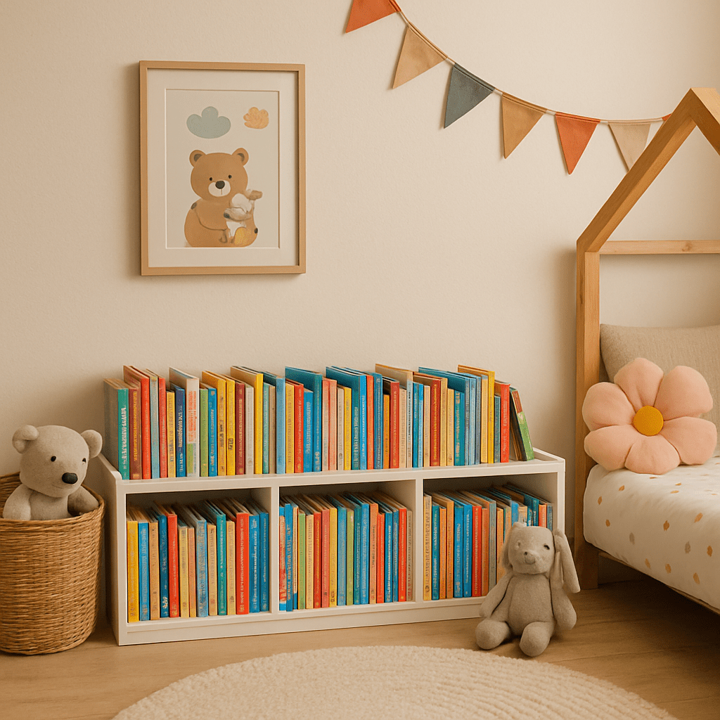 A cozy children's room with a floor-level bookshelf full of colorful children's books