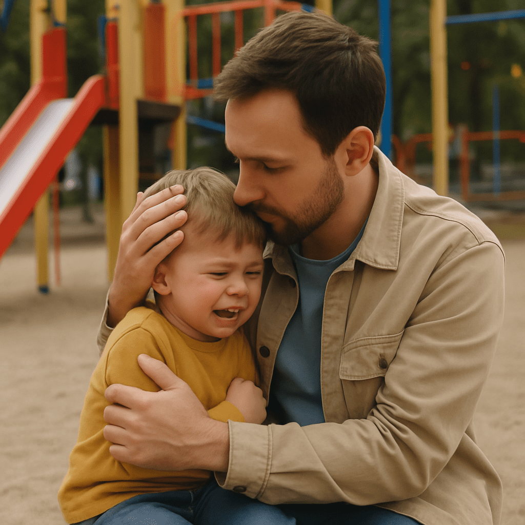 Vater tröstet weinenden kleinen Jungen auf dem Spielplatz