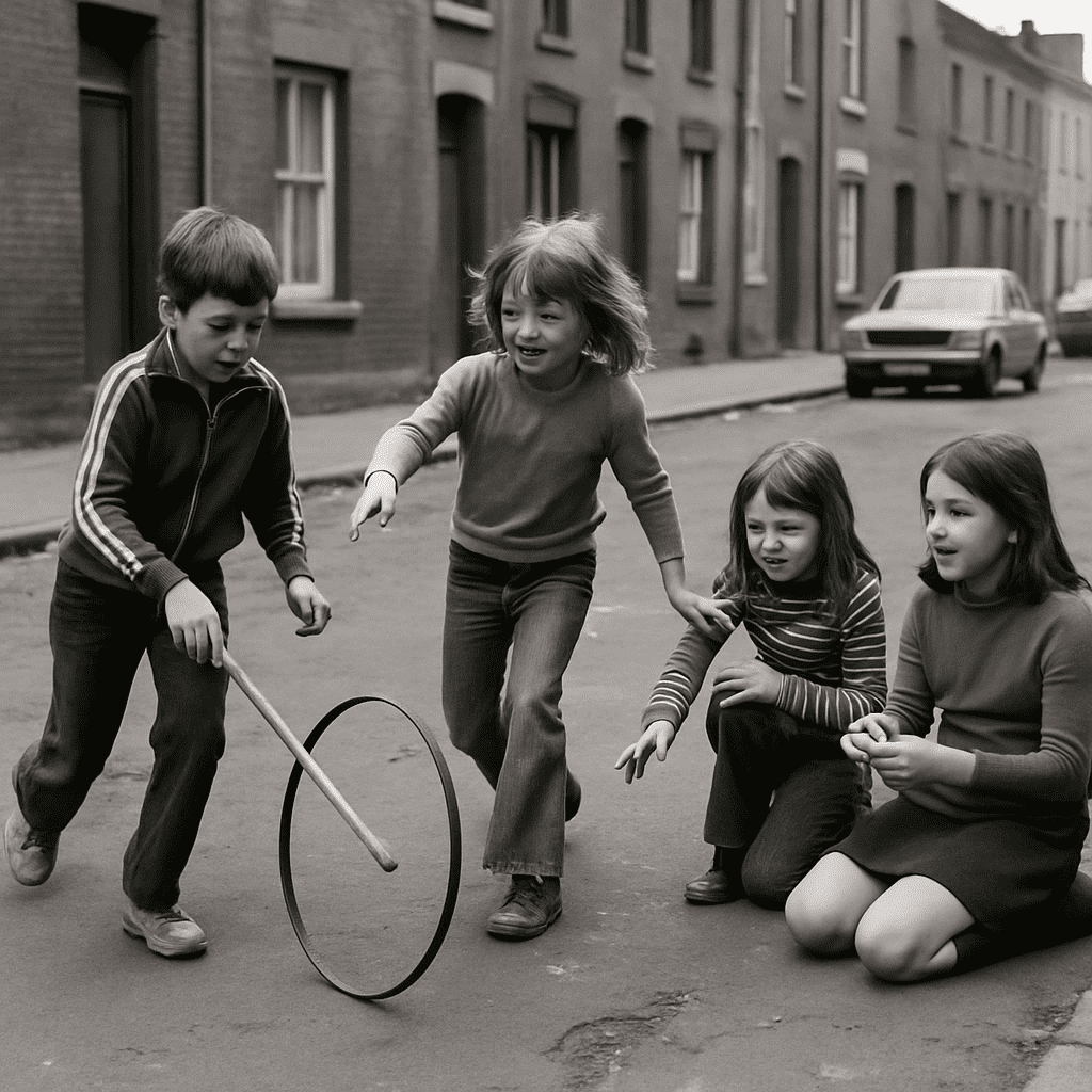 Schwarz-Weiß Foto von spielenden Kindern auf der Straße in den 70er Jahren, die gemeinsam improvisieren
