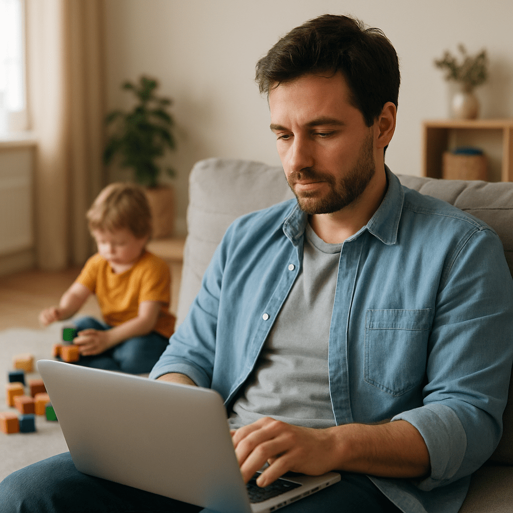 Ein Familienvater mit Laptop auf dem Schoß, während im Hintergrund ein Kind mit Bauklötzen spielt