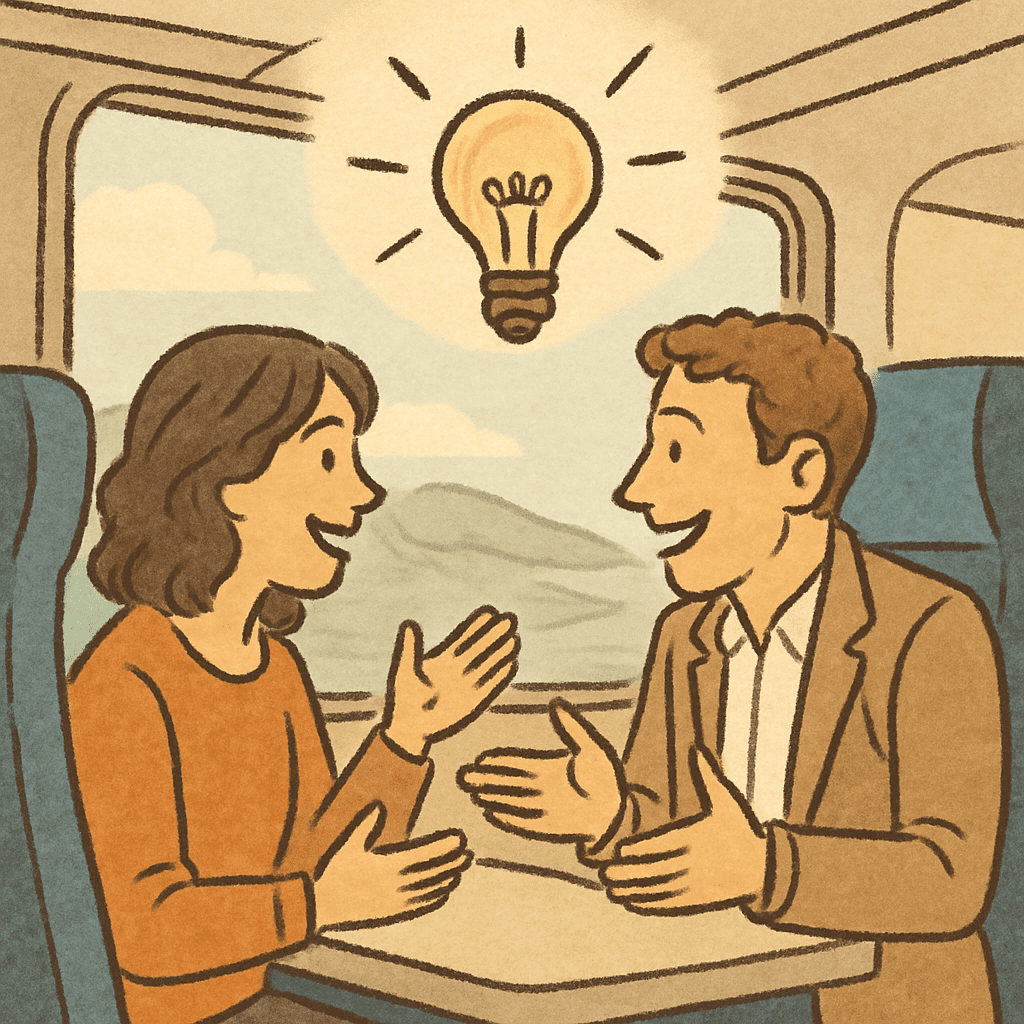 Two people on the train having an animated conversation, with a stylized lightbulb above their heads.
