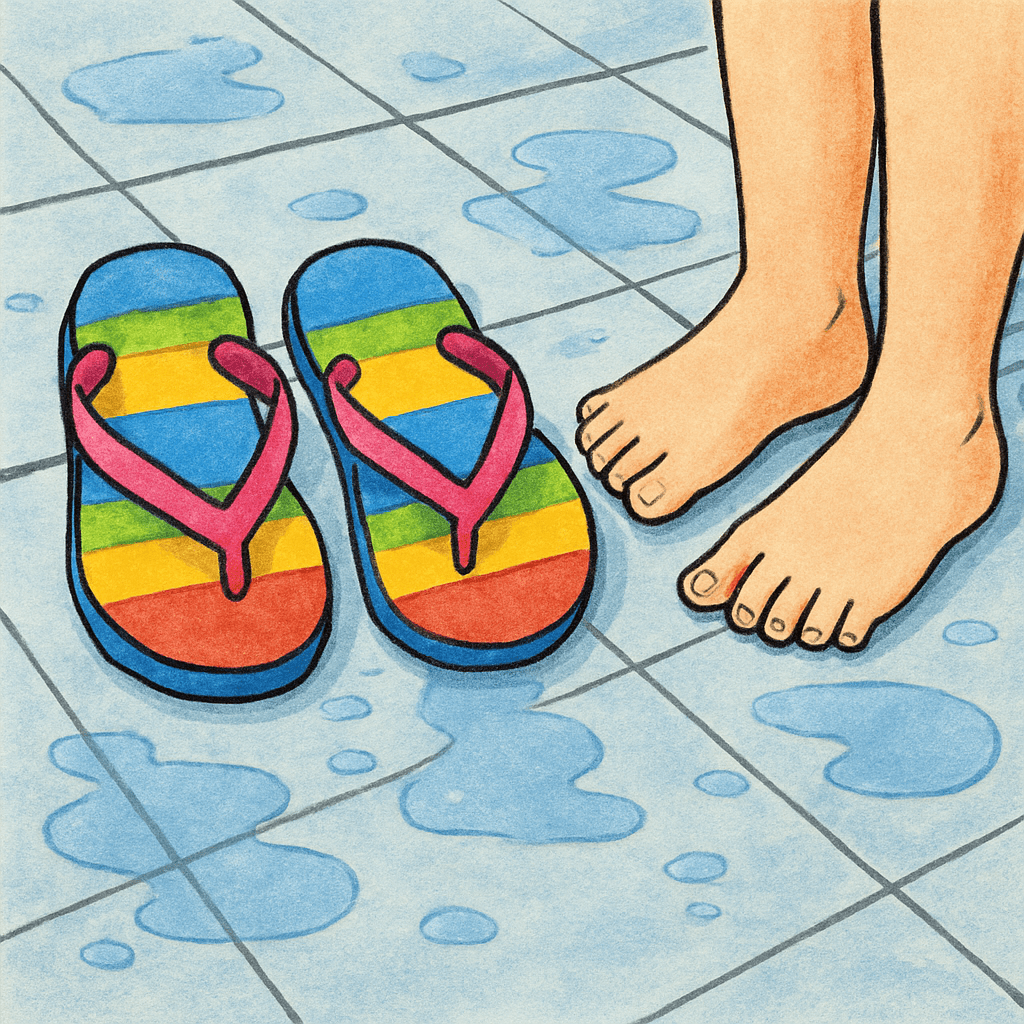 An illustration of colorful children's flip-flops next to a pair of bare feet on a wet tiled floor, visualizing the risk in a swimming pool.