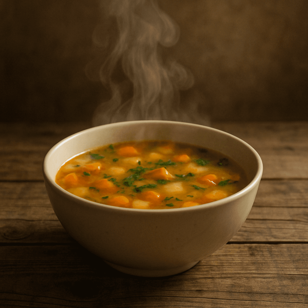 Eine dampfende Schüssel Suppe auf einem rustikalen Holztisch, als Symbol für Fürsorge