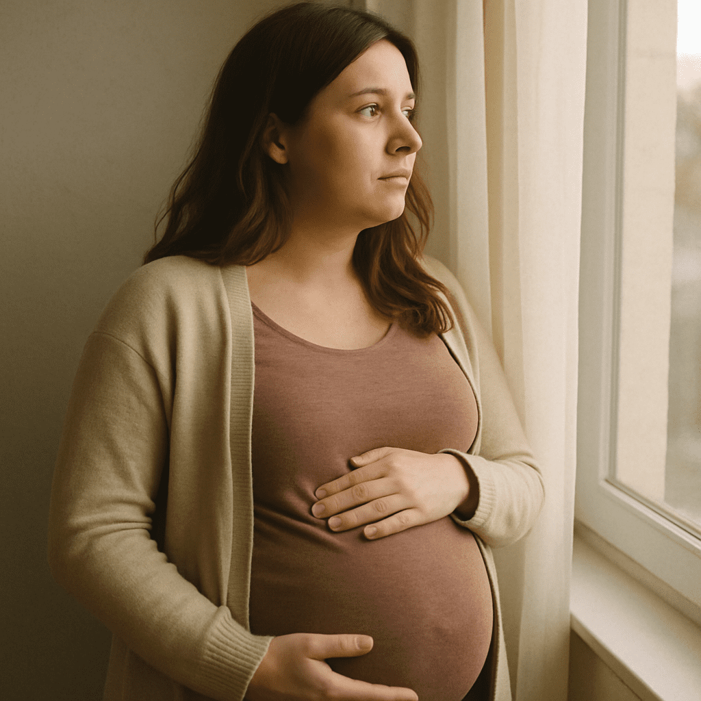 Pregnant woman looking thoughtfully out the window and stroking her belly