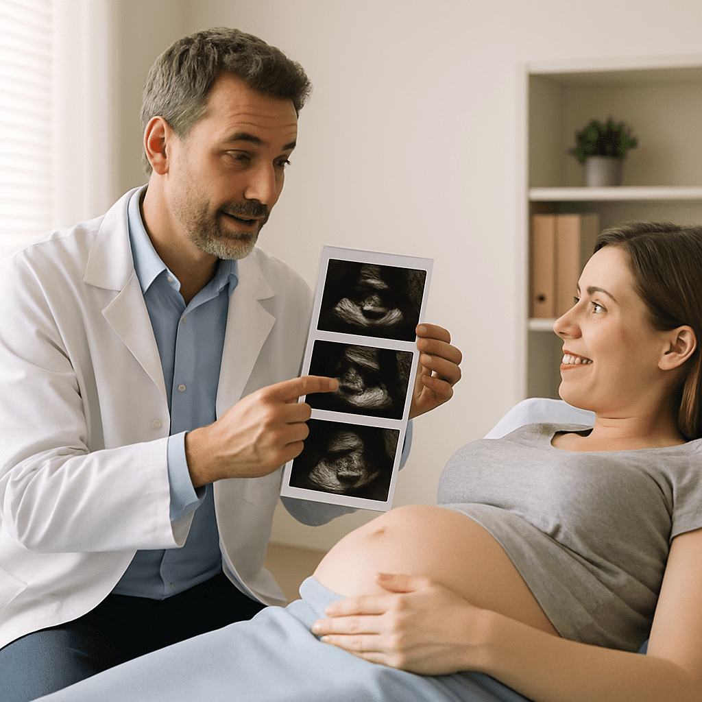 Arzt bespricht Ultraschallbilder mit liegender schwangerer Patientin