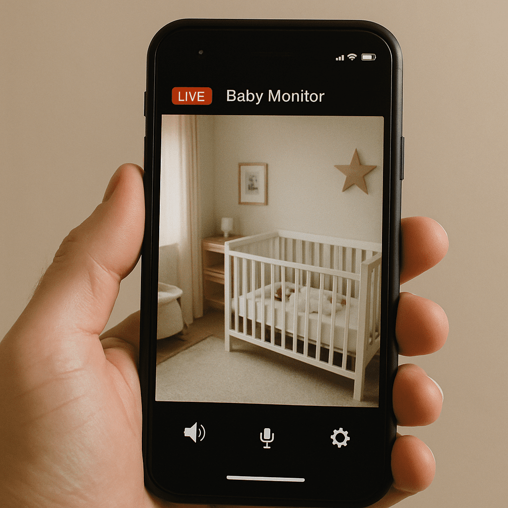Close-up of a smartphone displaying a live video of a nursery via an app