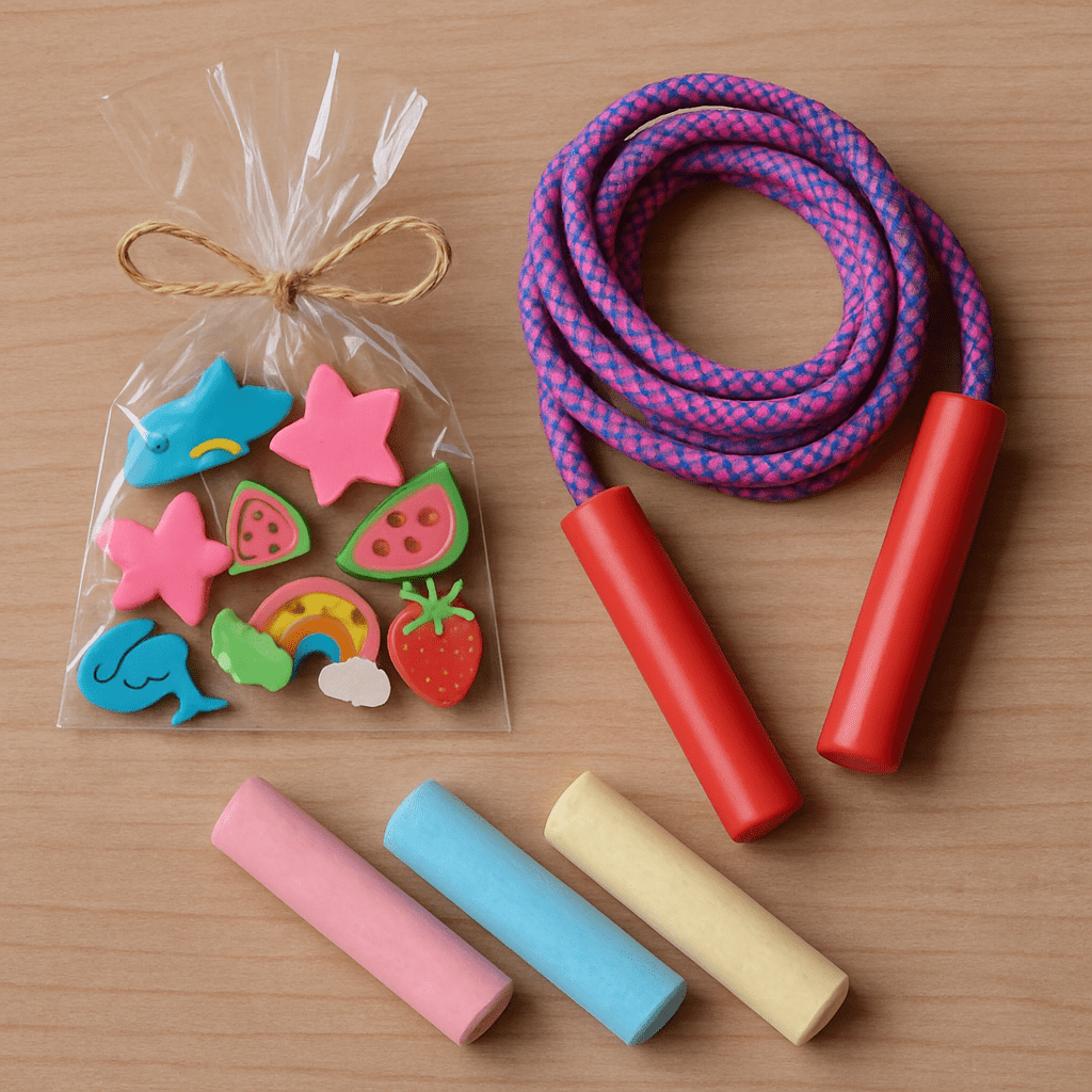 Kleine Geschenke wie bunte Radiergummis, Springseil und Straßenkreide