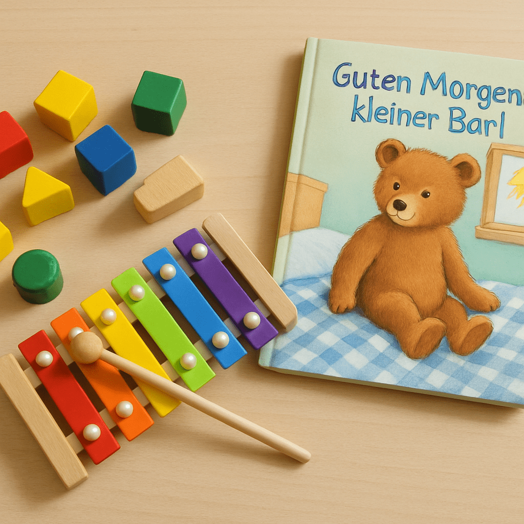 Colorful wooden blocks, a xylophone, and a children's book are on a table.