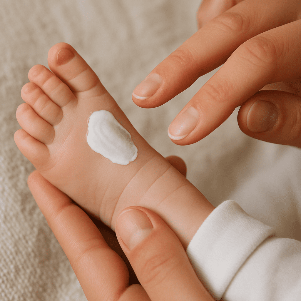 Close-up: Mother gently creams a baby's instep