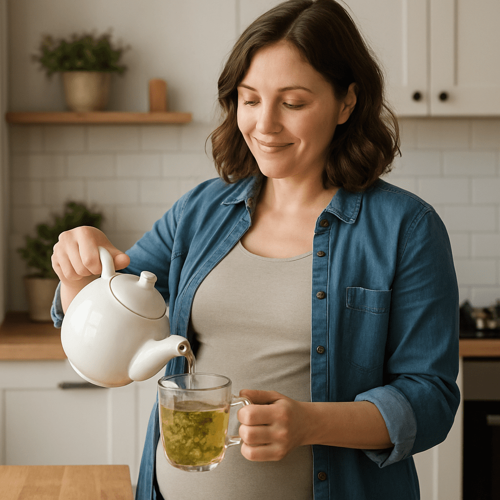 Schwangere Frau gießt sich einen Kräutertee in der Küche ein