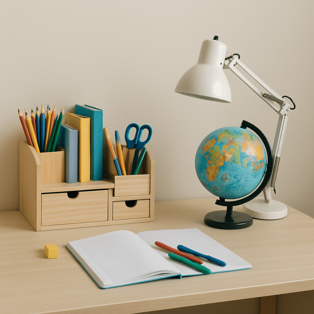 Aufgeräumter Kinderschreibtisch mit Organizer, Globus und Lampe