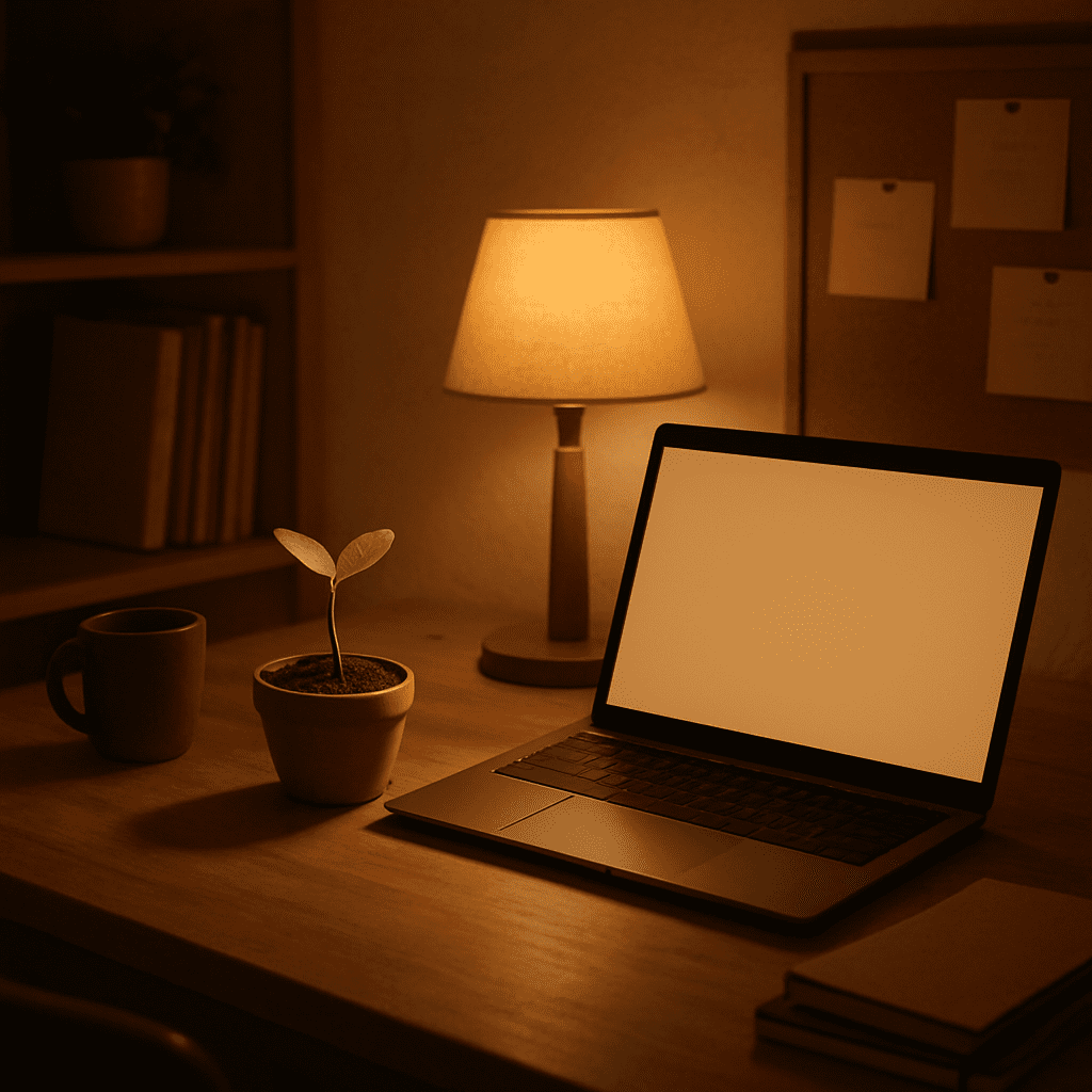 A cozy, warm-lit home office desk with a laptop and a small, hopeful seedling in a pot.