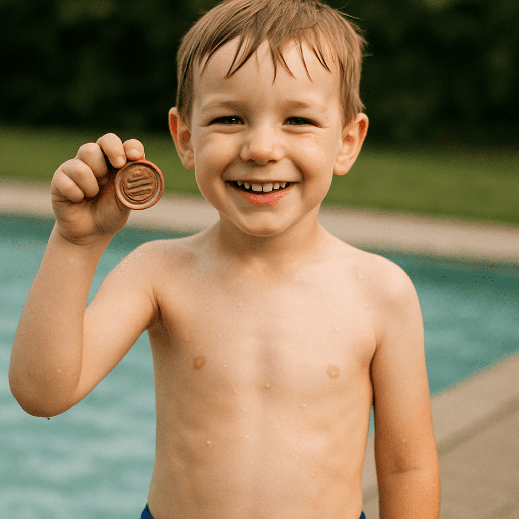 Kind zeigt stolz sein frisch erworbenes Schwimmabzeichen in Bronze