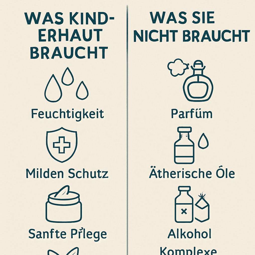 Comparison graphic: What children's skin needs vs. what it doesn't need