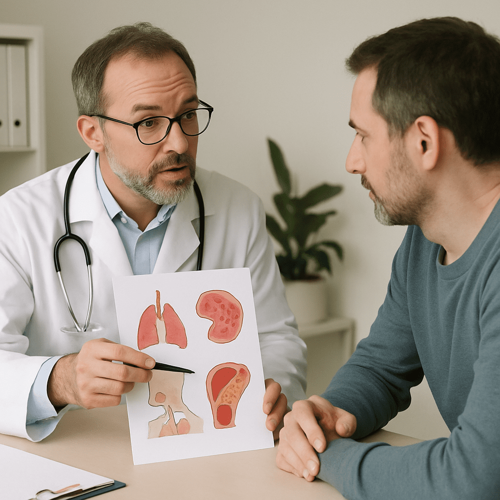 Ein Facharzt im Gespräch mit einem Patienten, erklärt eine medizinische Grafik