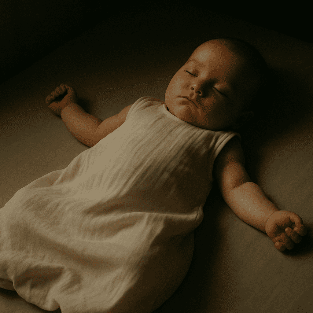 Schlafendes Baby in einem hauchdünnen Sommerschlafsack im abgedunkelten Raum