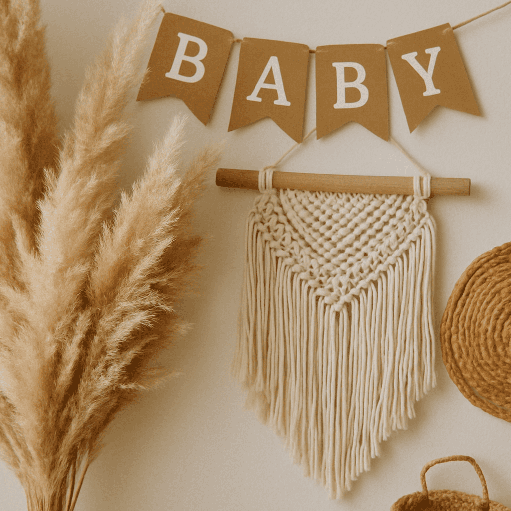 Close-up of a boho baby shower decoration with pampas grass and macrame elements