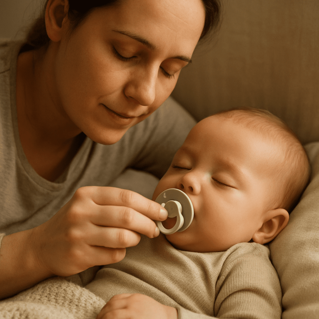 A mother gently giving her baby a pacifier to help them fall asleep