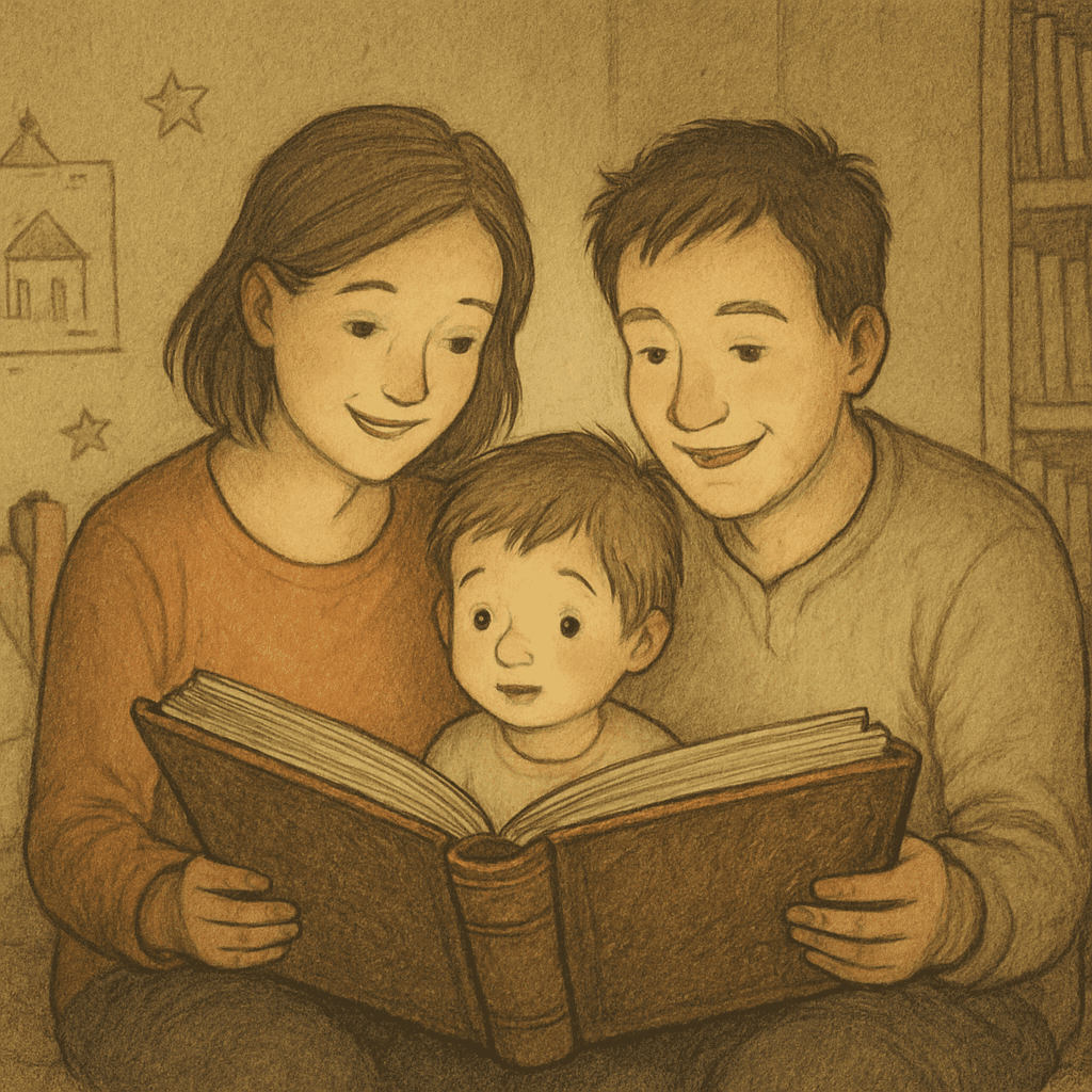 Eltern lesen gemeinsam in einem alten Märchenbuch im gemütlichen Kinderzimmer